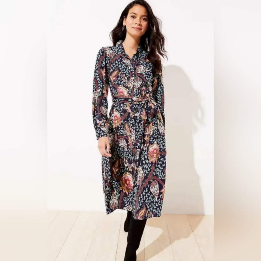 LOFT Women's Size 4 Dark Blue Multi- Patterned Floral Tie Waist Midi Shirt Dress